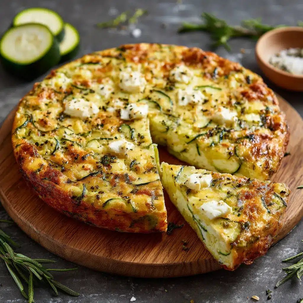 Quiche sans pâte aux courgettes et feta fraîchement sortie du four, dorée et servie en parts avec salade verte.