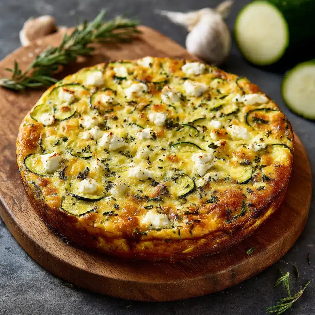 Quiche sans pâte aux courgettes et feta fraîchement sortie du four, dorée et servie en parts avec salade verte.