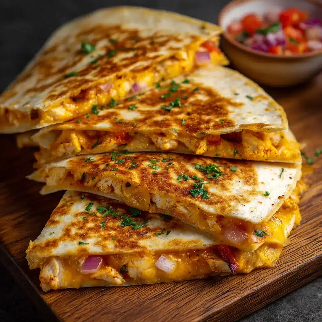 Quesadillas poulet et cheddar dorées à la poêle, servies en triangles sur une planche en bois avec un bol de guacamole en accompagnement.