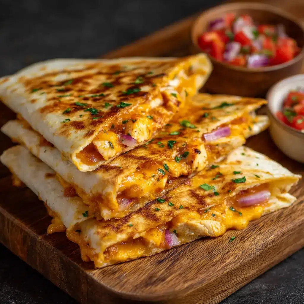 Quesadillas poulet et cheddar dorées à la poêle, servies en triangles sur une planche en bois avec un bol de guacamole en accompagnement.