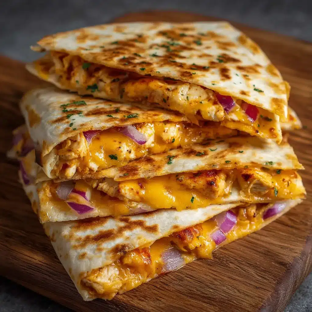 Quesadillas poulet et cheddar dorées à la poêle, servies en triangles sur une planche en bois avec un bol de guacamole en accompagnement.