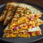 Quesadillas poulet et cheddar dorées à la poêle, servies en triangles sur une planche en bois avec un bol de guacamole en accompagnement.