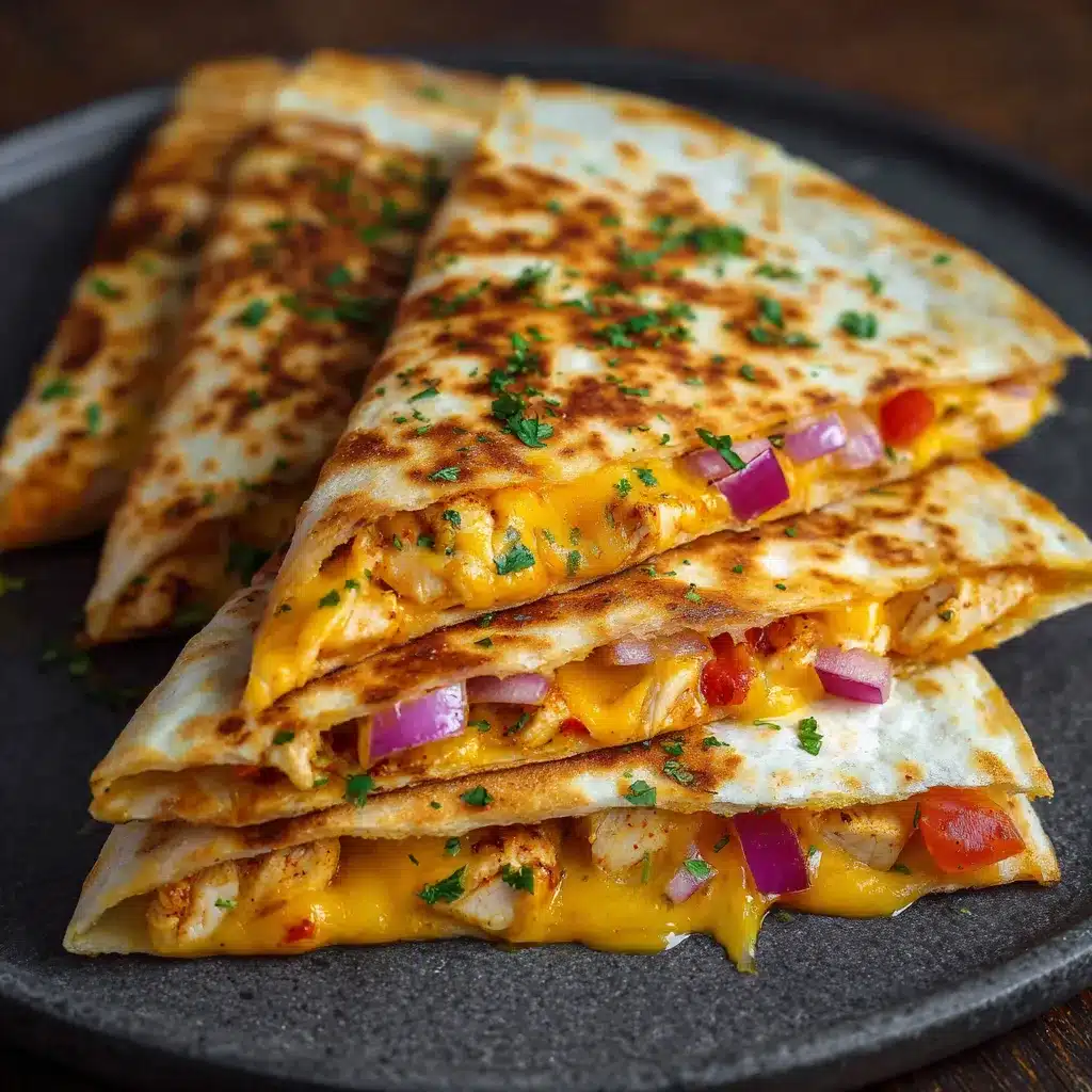 Quesadillas poulet et cheddar dorées à la poêle, servies en triangles sur une planche en bois avec un bol de guacamole en accompagnement.