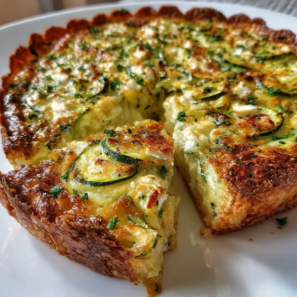 Quiche sans pâte au fromage de chèvre et courgettes servie tiède dans une assiette avec salade verte.