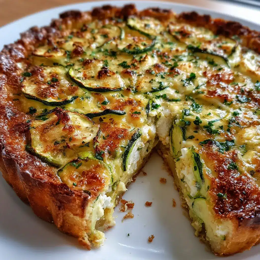 Quiche sans pâte au fromage de chèvre et courgettes servie tiède dans une assiette avec salade verte.