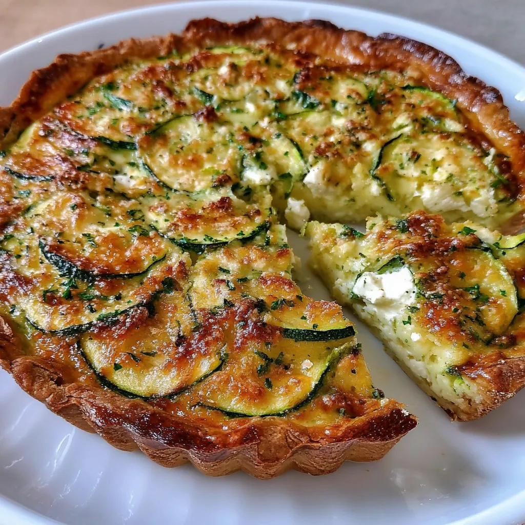 Quiche sans pâte au fromage de chèvre et courgettes servie tiède dans une assiette avec salade verte.