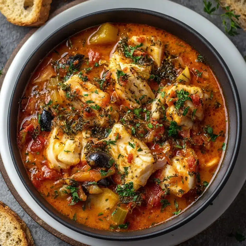 Ragoût de poisson à la sicilienne servi dans un bol, garni de parmesan et d’huile aux herbes