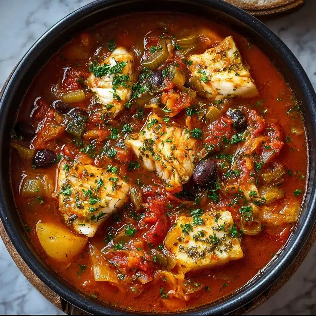 Ragoût de poisson à la sicilienne servi dans un bol, garni de parmesan et d’huile aux herbes