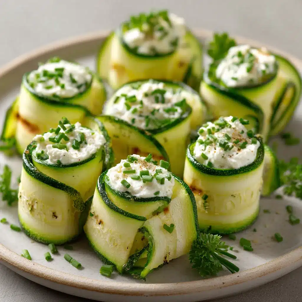 Roulés de courgette garnis de fromage frais et herbes fraîches sur assiette blanche