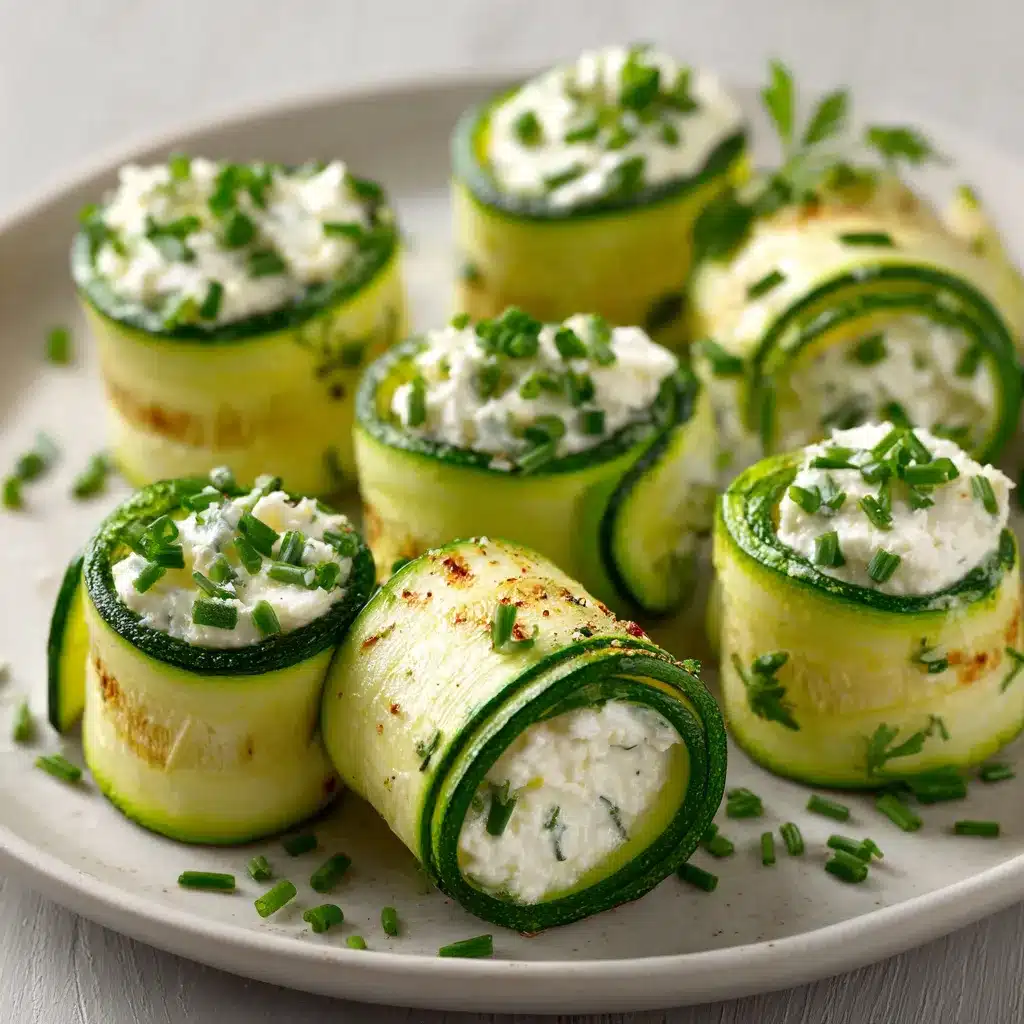 Roulés de courgette garnis de fromage frais et herbes fraîches sur assiette blanche
