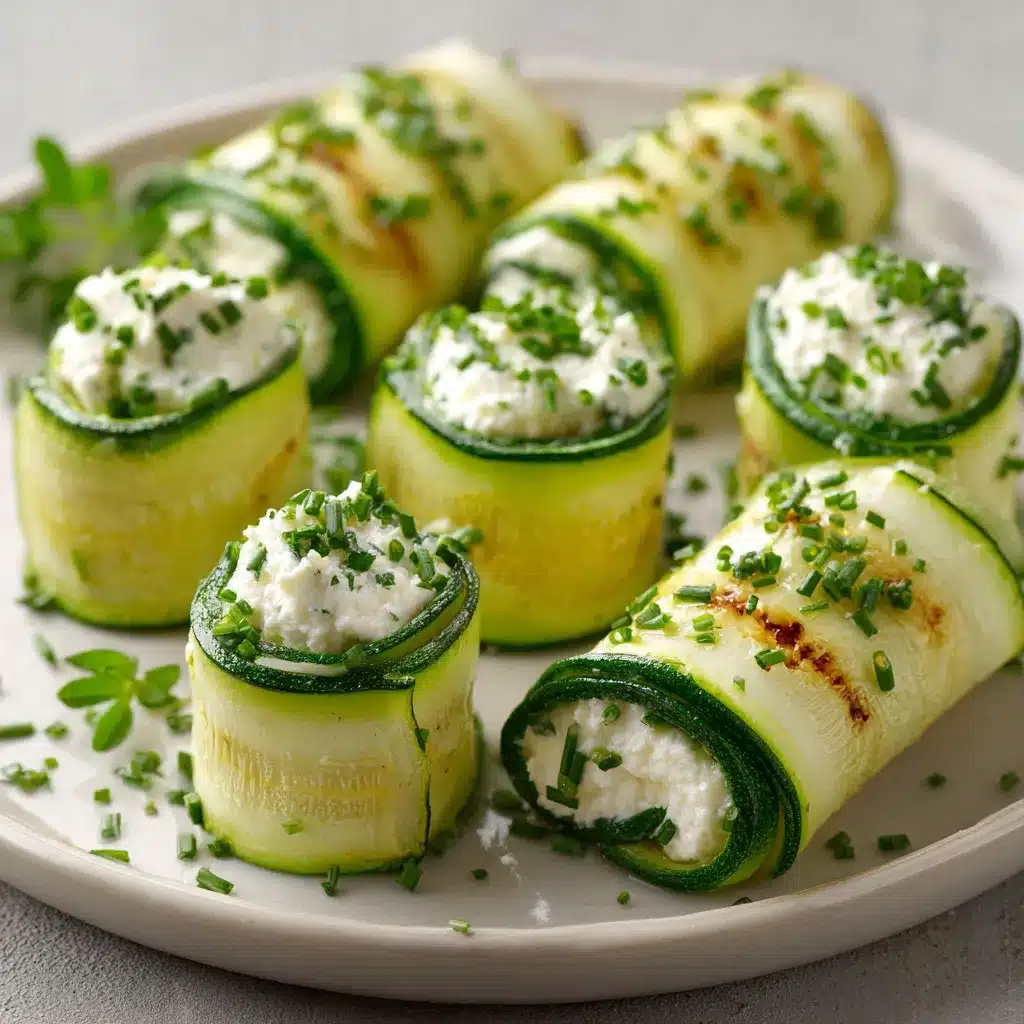 Roulés de courgette garnis de fromage frais et herbes fraîches sur assiette blanche