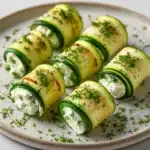 Roulés de courgette garnis de fromage frais et herbes fraîches sur assiette blanche