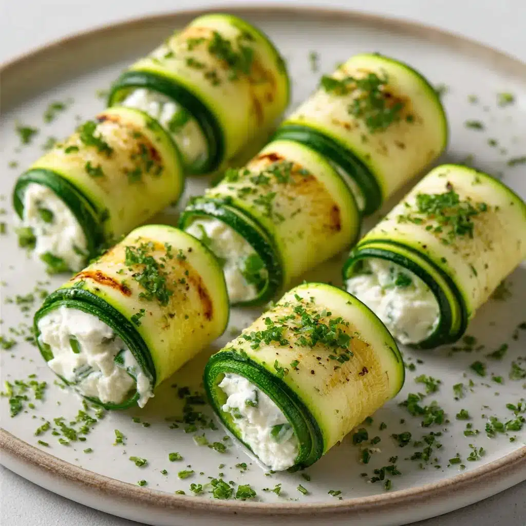 Roulés de courgette garnis de fromage frais et herbes fraîches sur assiette blanche
