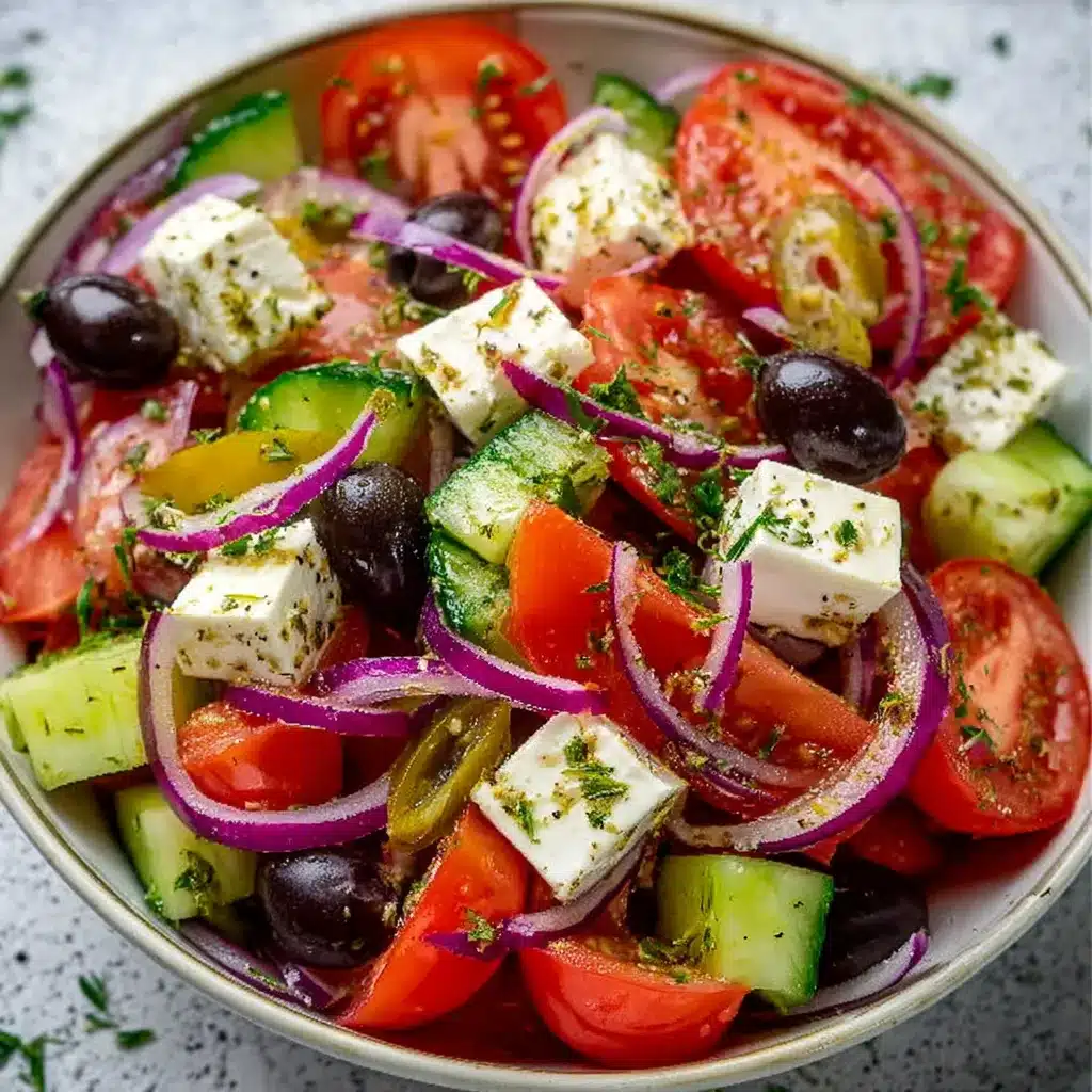 Salade grecque originale servie dans un grand bol, avec feta, tomates, concombre, oignons rouges et olives