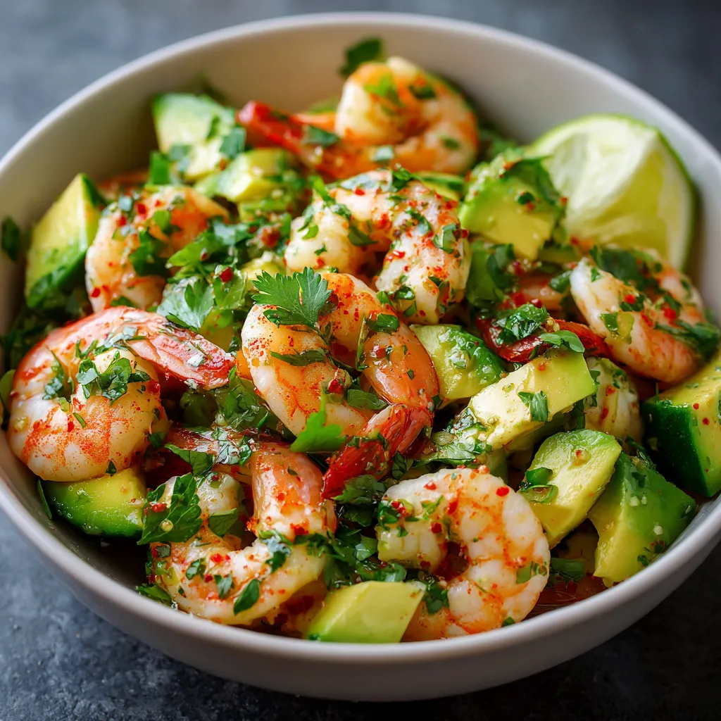 Salade de crevettes marinées à l’avocat servie dans une assiette creuse avec coriandre fraîche