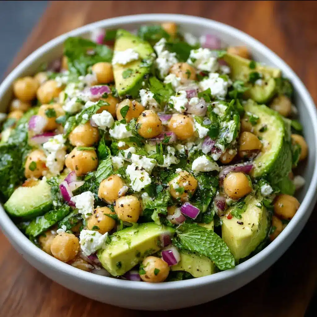 Salade de pois chiches avec feta, avocat, herbes fraîches et oignons rouges dans un saladier