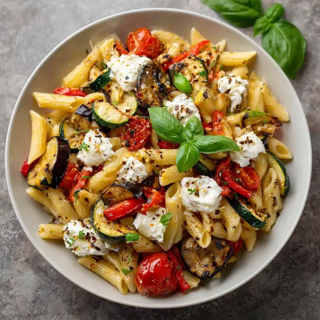 Salade de pâtes aux légumes grillés et ricotta servie dans un bol avec basilic frais