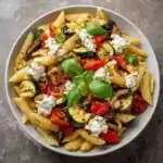 Salade de pâtes aux légumes grillés et ricotta servie dans un bol avec basilic frais