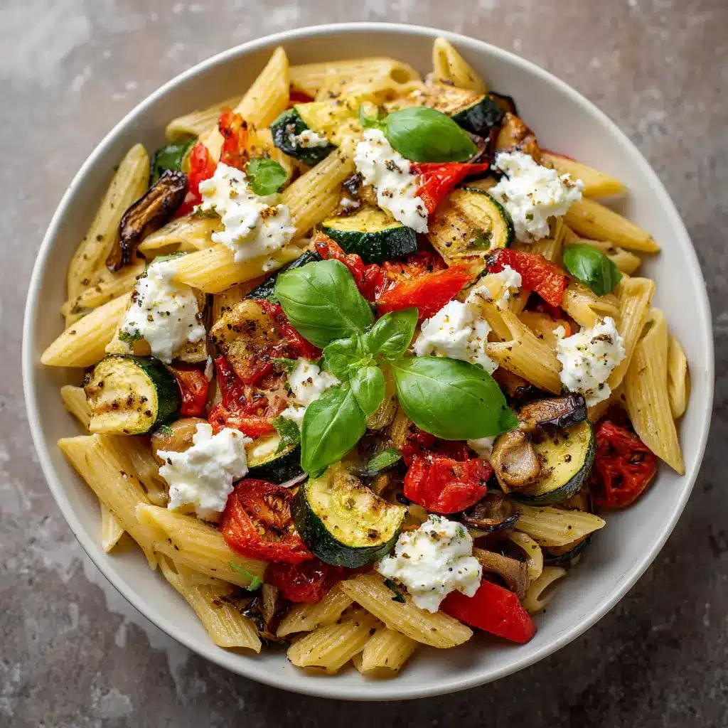 Salade de pâtes aux légumes grillés et ricotta servie dans un bol avec basilic frais