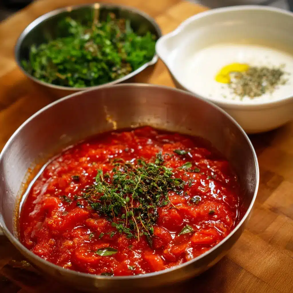Casserole de sauce tomate aux herbes maison mijotant avec basilic et origan