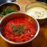 Casserole de sauce tomate aux herbes maison mijotant avec basilic et origan