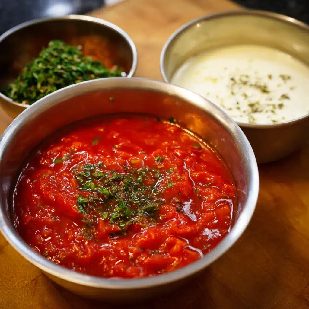 Casserole de sauce tomate aux herbes maison mijotant avec basilic et origan