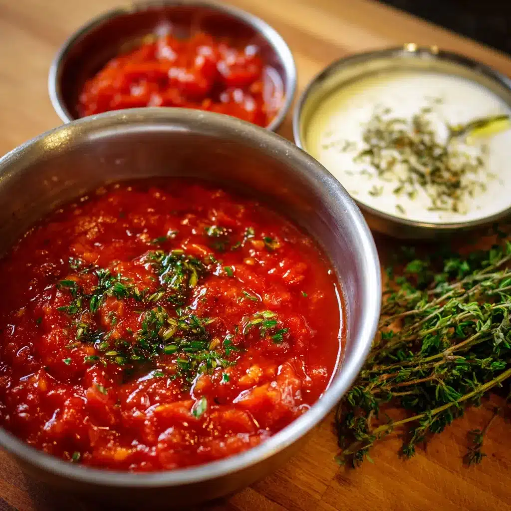 Casserole de sauce tomate aux herbes maison mijotant avec basilic et origan