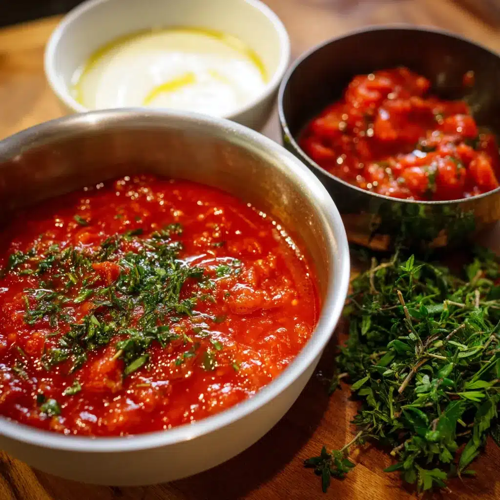 Casserole de sauce tomate aux herbes maison mijotant avec basilic et origan