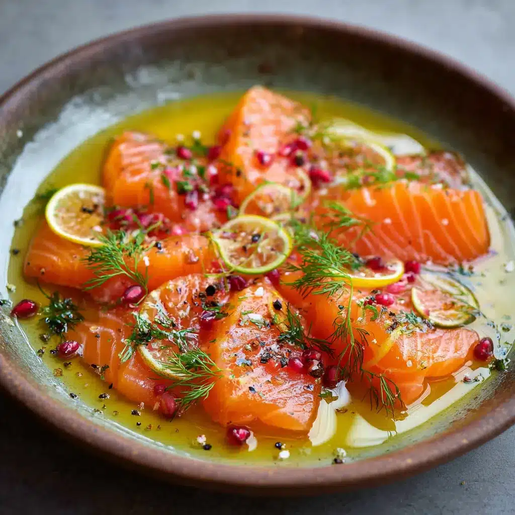 Saumon mariné aux agrumes servi en carpaccio avec herbes fraîches