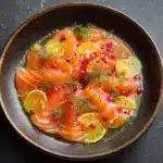 Saumon mariné aux agrumes servi en carpaccio avec herbes fraîches