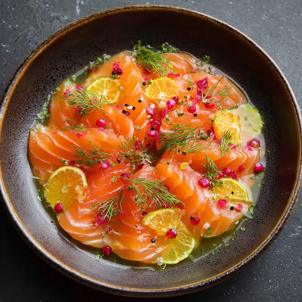 Saumon mariné aux agrumes servi en carpaccio avec herbes fraîches