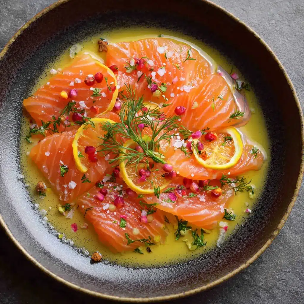 Saumon mariné aux agrumes servi en carpaccio avec herbes fraîches