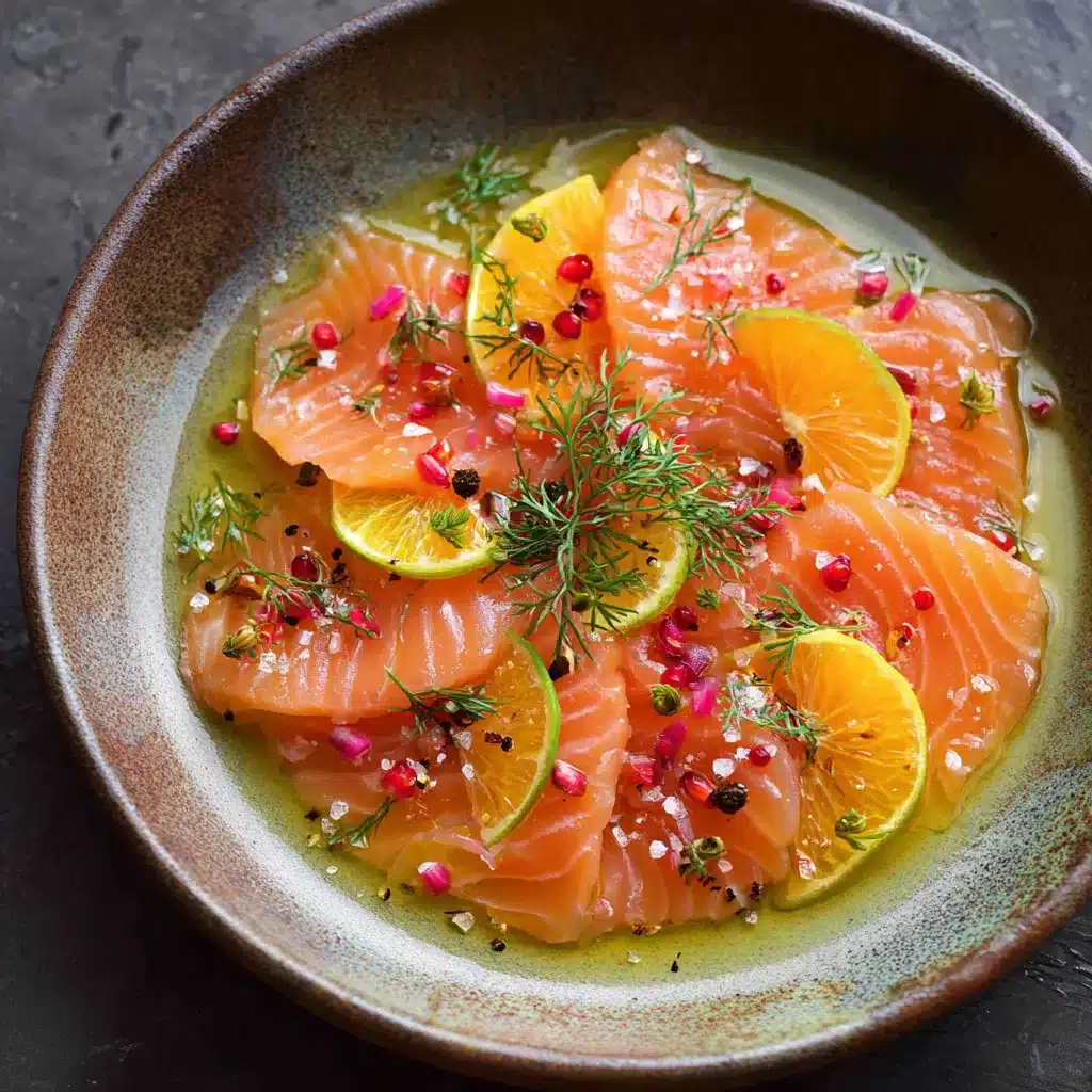 Saumon mariné aux agrumes servi en carpaccio avec herbes fraîches
