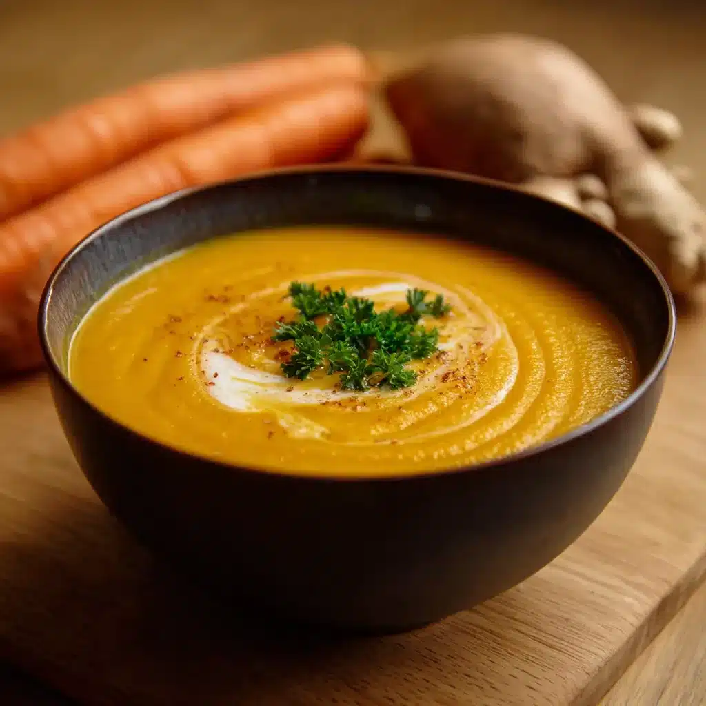 Bol de soupe de carottes, patate douce et gingembre au lait de coco servi chaud avec herbes fraîches