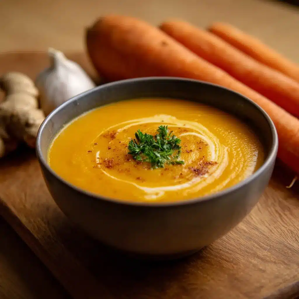Bol de soupe de carottes, patate douce et gingembre au lait de coco servi chaud avec herbes fraîches