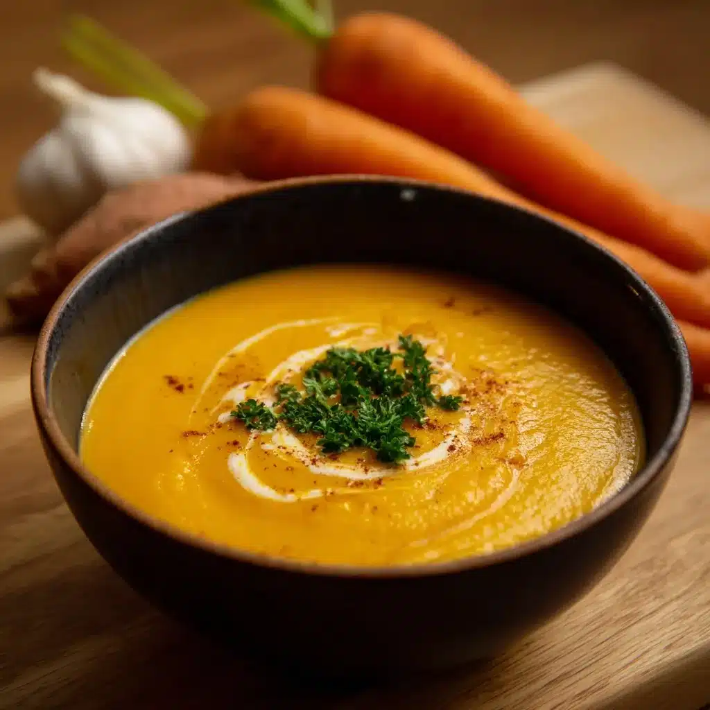 Bol de soupe de carottes, patate douce et gingembre au lait de coco servi chaud avec herbes fraîches