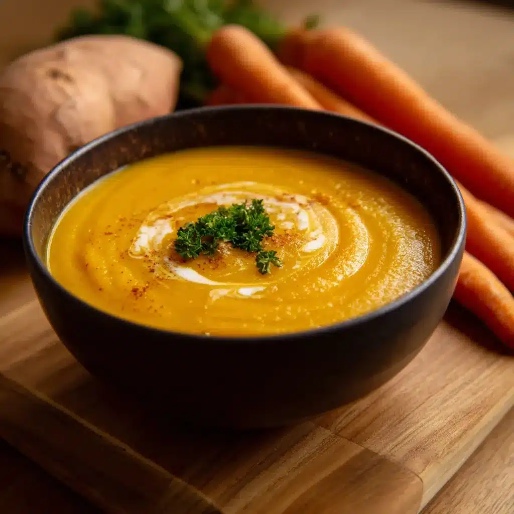 Bol de soupe de carottes, patate douce et gingembre au lait de coco servi chaud avec herbes fraîches