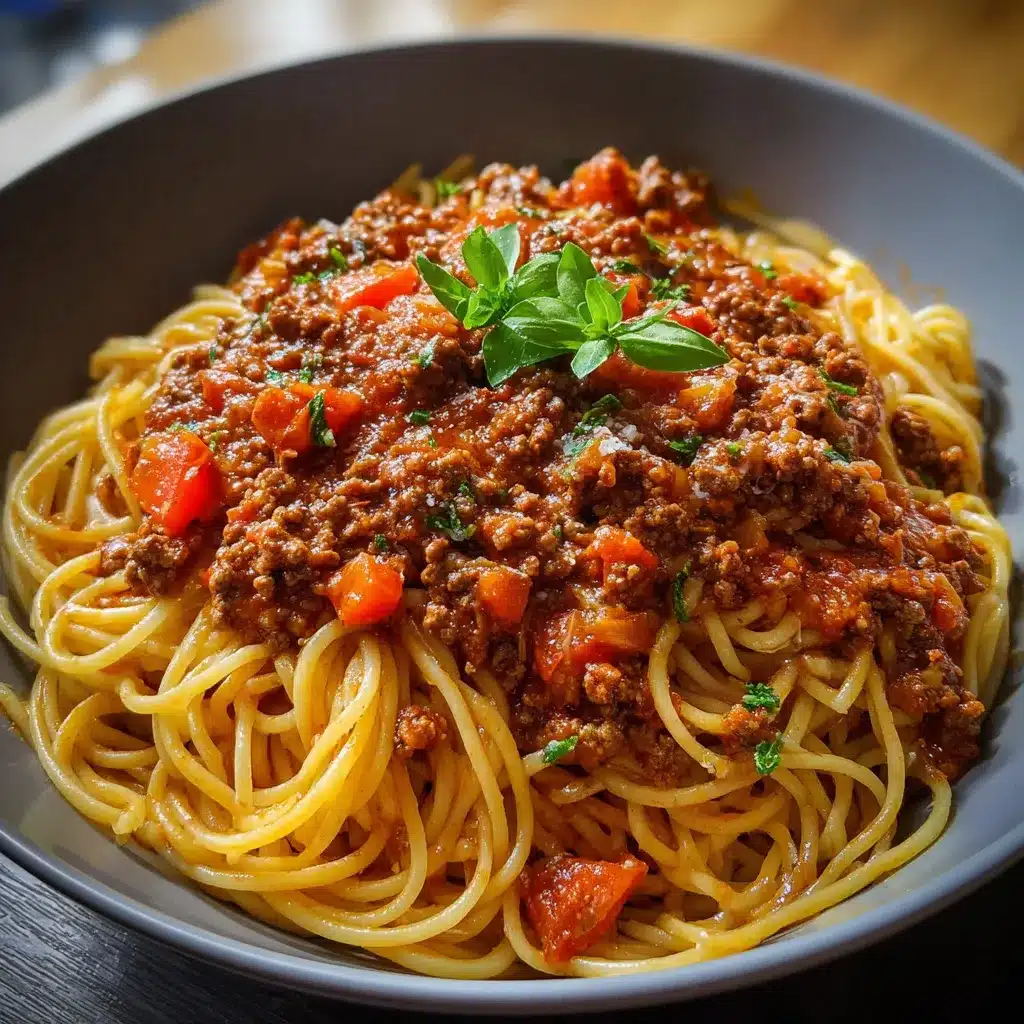 Spaghetti bolognaise maison servis dans une assiette avec sauce riche et viande fondante