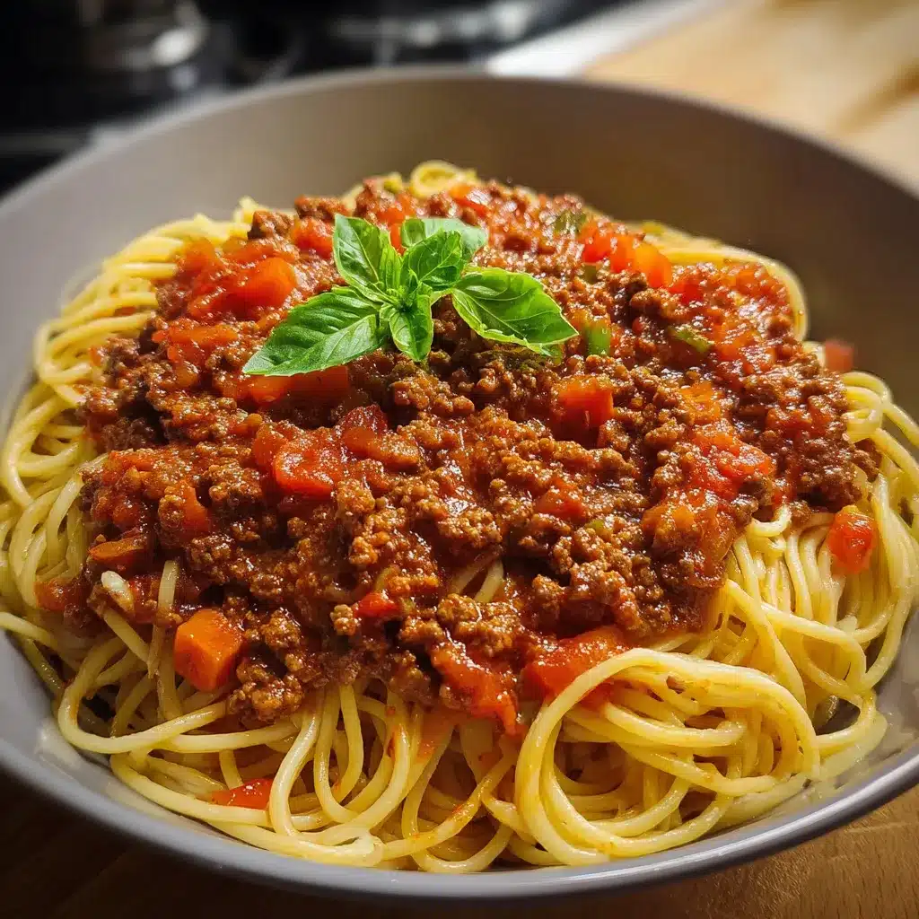 Spaghetti bolognaise maison servis dans une assiette avec sauce riche et viande fondante