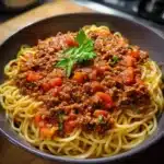 Spaghetti bolognaise maison servis dans une assiette avec sauce riche et viande fondante