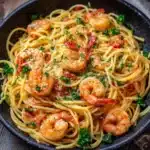 Assiette de spaghetti aux crevettes et à l’ail servie avec du persil frais et un filet de citron
