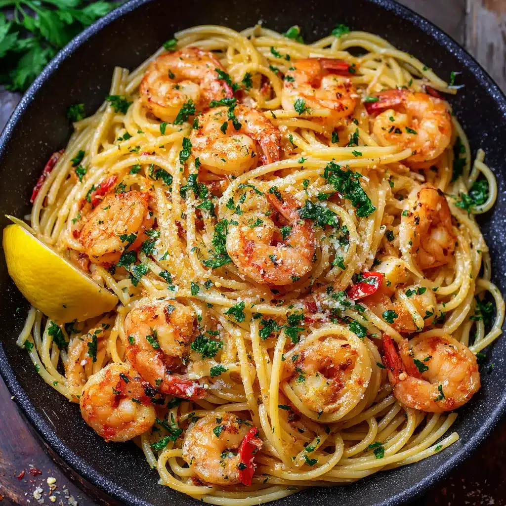 Assiette de spaghetti aux crevettes et à l’ail servie avec du persil frais et un filet de citron