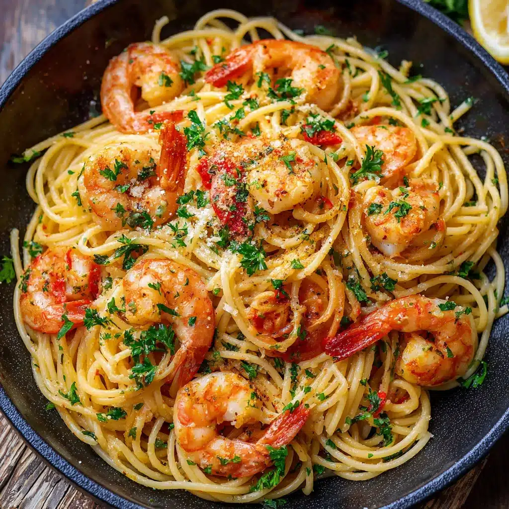 Assiette de spaghetti aux crevettes et à l’ail servie avec du persil frais et un filet de citron