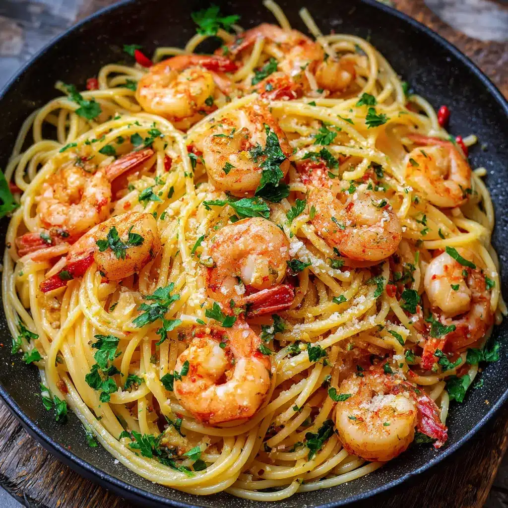 Assiette de spaghetti aux crevettes et à l’ail servie avec du persil frais et un filet de citron