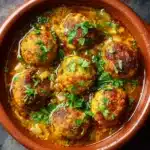 Tajine de kefta marocain avec boulettes de viande mijotées et œufs pochés dans une sauce tomate épicée