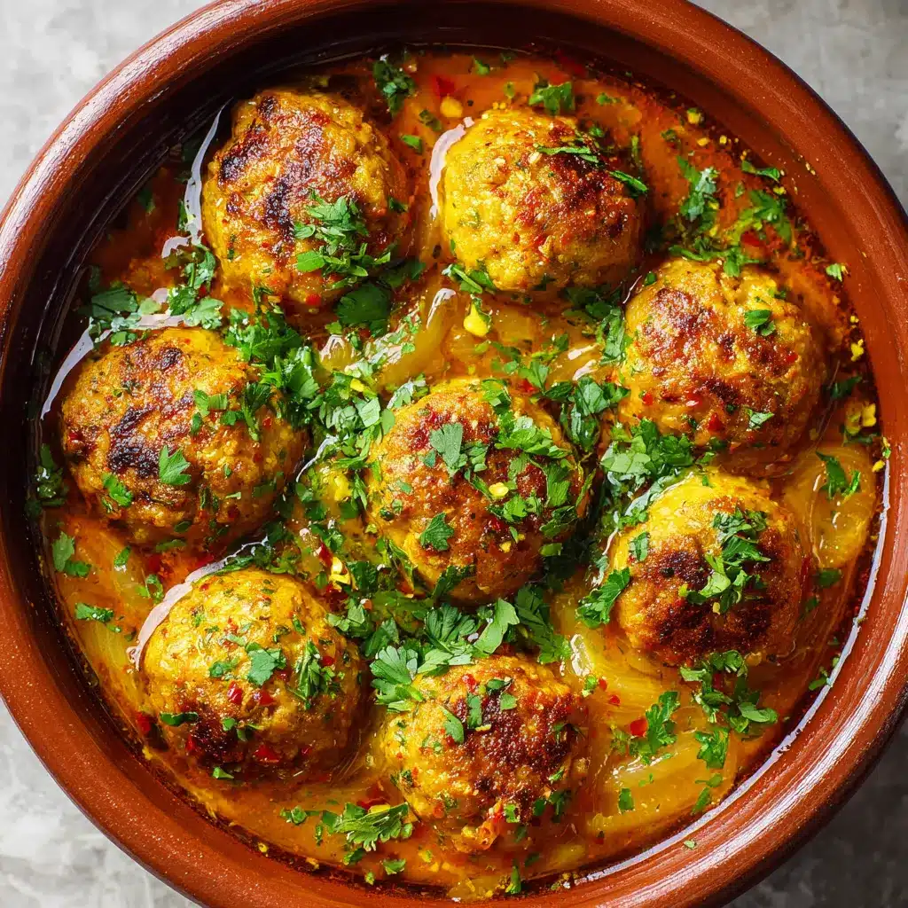 Tajine de kefta marocain avec boulettes de viande mijotées et œufs pochés dans une sauce tomate épicée