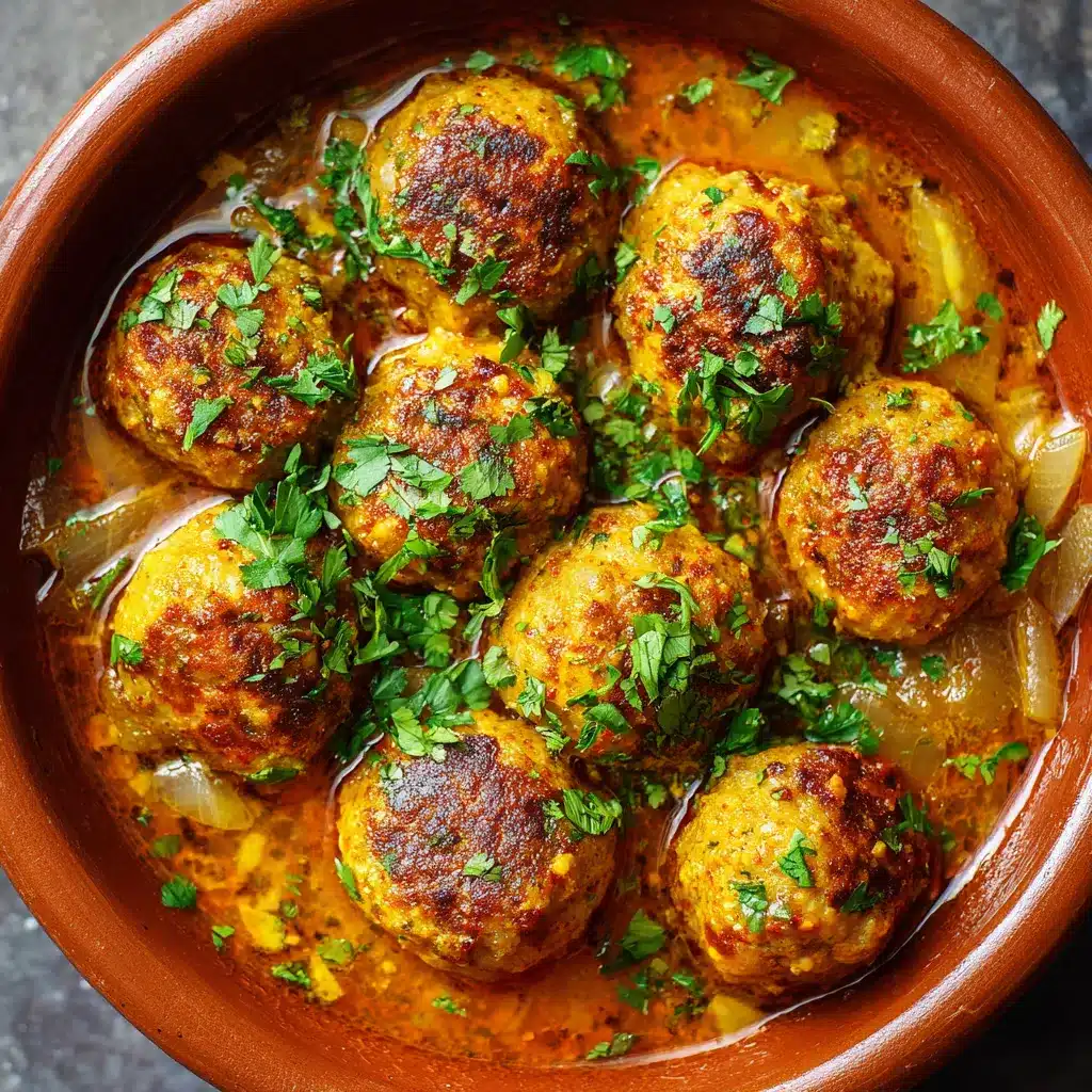 Tajine de kefta marocain avec boulettes de viande mijotées et œufs pochés dans une sauce tomate épicée