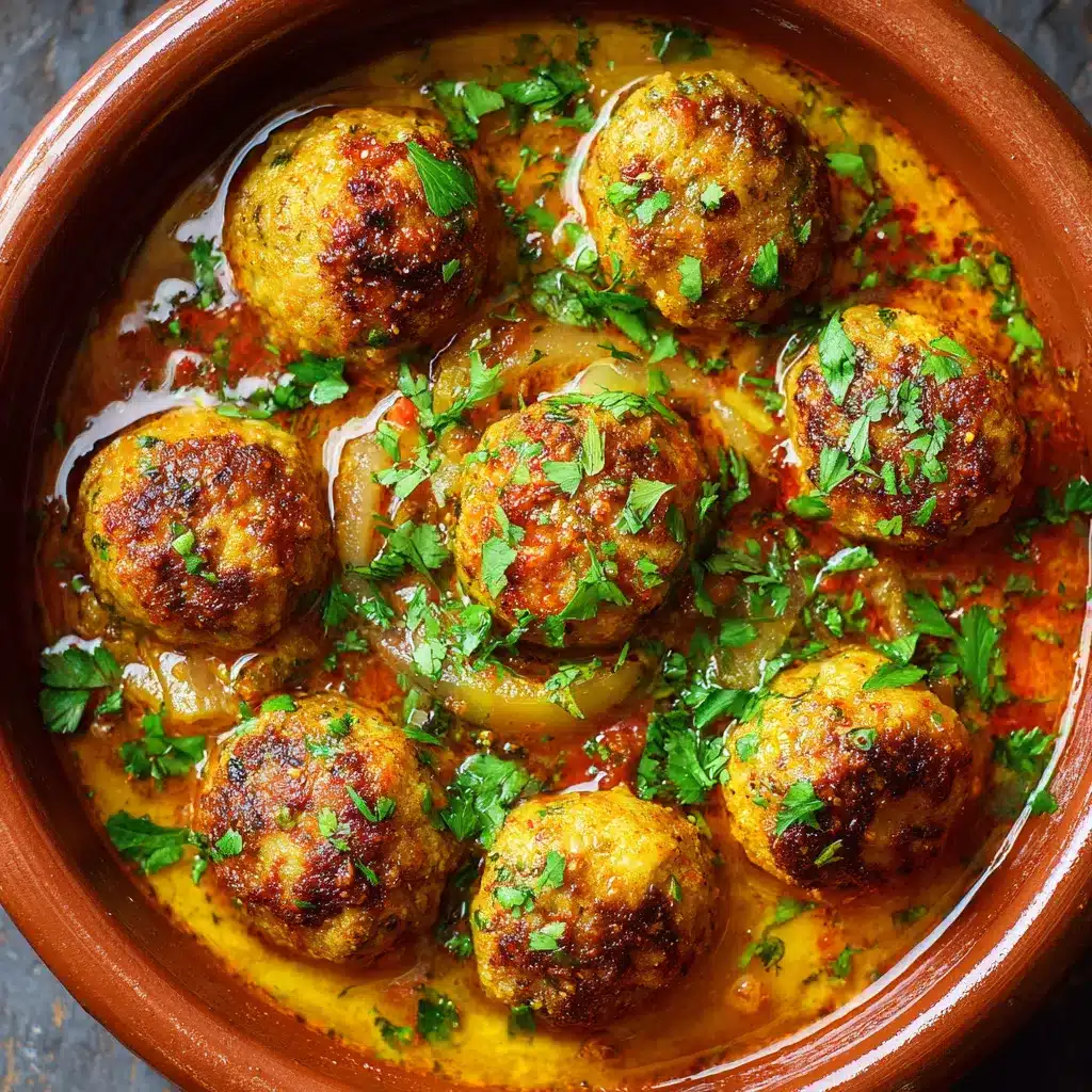 Tajine de kefta marocain avec boulettes de viande mijotées et œufs pochés dans une sauce tomate épicée
