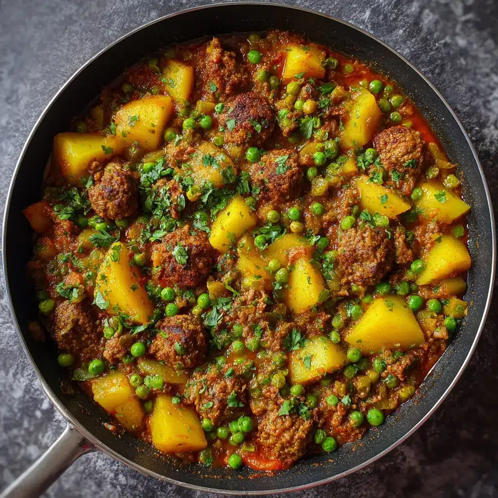 Boulettes de viande mijotées dans un tajine avec petits pois et pommes de terre, servies avec du pain marocain