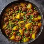 Boulettes de viande mijotées dans un tajine avec petits pois et pommes de terre, servies avec du pain marocain